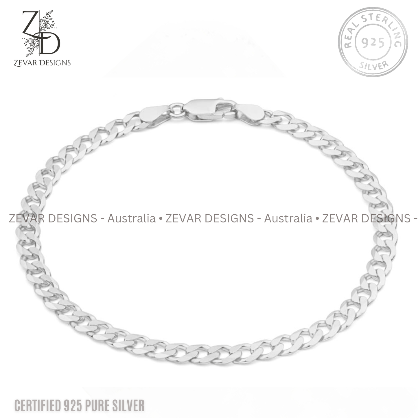 Zevar Designs 925 Silver mens-bracelets Perfect Gift - Sterling Silver Men’s Curb Bracelet
