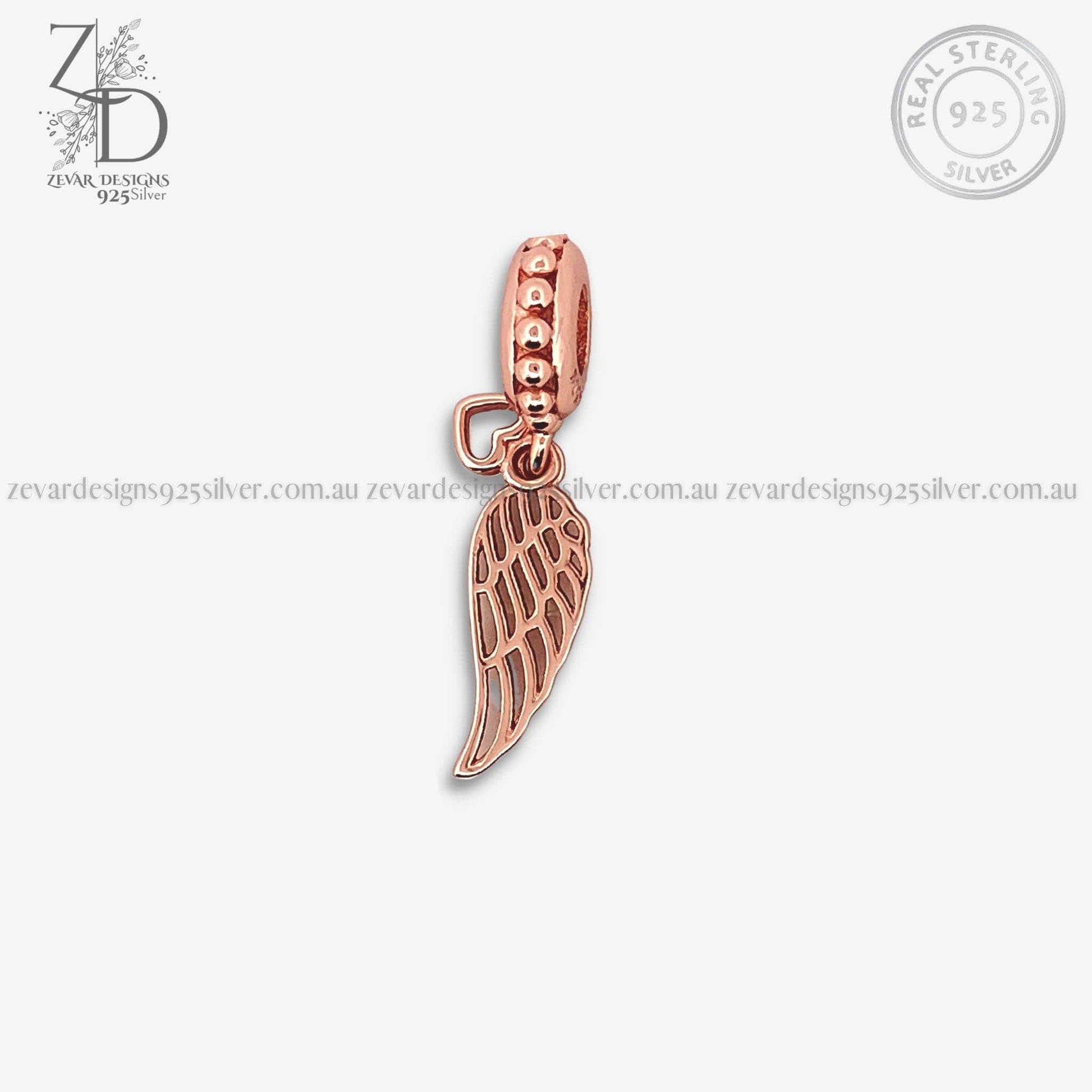 Zevar Designs 925 Silver pandora 925 Silver Zircon Wing Dangler Charm in Rose Gold Finish