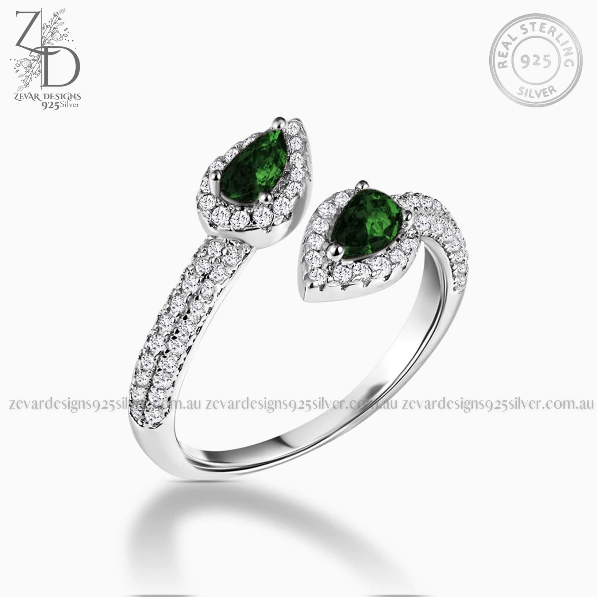 Zevar Designs 925 Silver women-rings AD Emerald Ring - Front Open